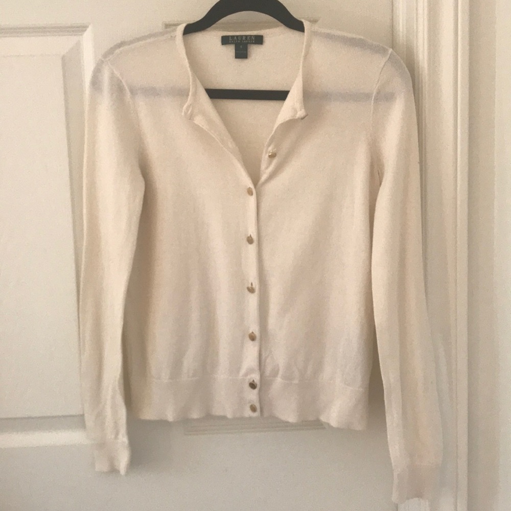 White cardigan with gold buttons